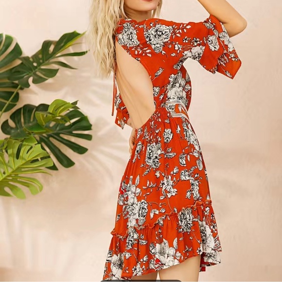 Women Boho Dress Medium M Orange White Floral Hem Ruffled Backless Elastic Waist - Picture 4 of 16
